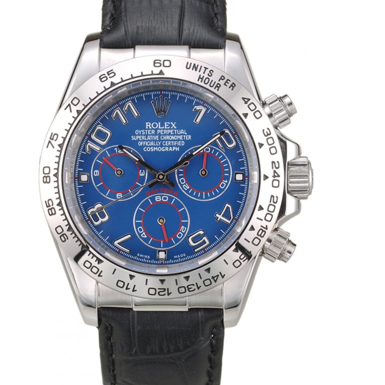 Rolex Black Leather Strap Blue Steel Dial Stainless Case Daytona 0804